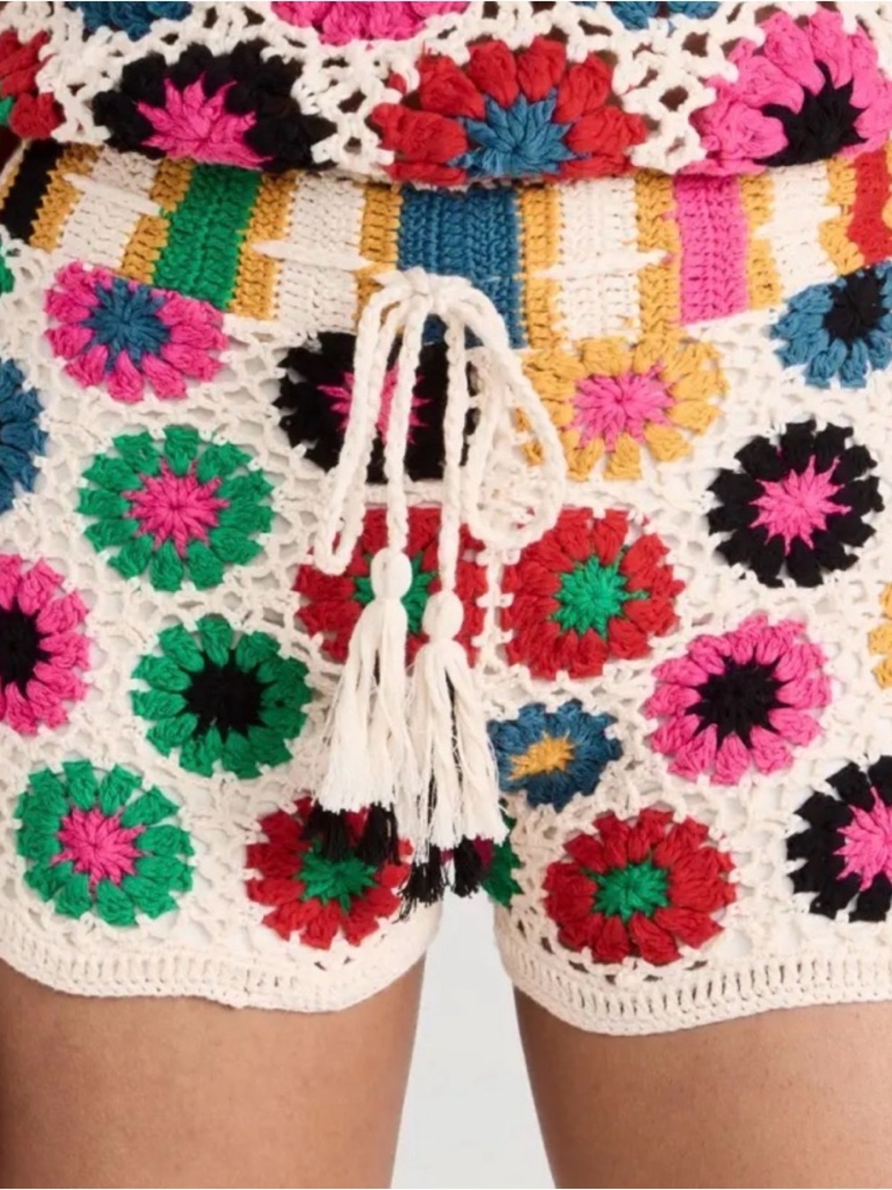 FARM Rio White Crochet Floral Drawstring Shorts with Multicolor Accents